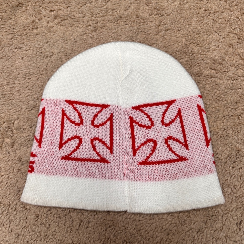 West Coast Choppers Beanie Hat White Red Iron Cross Logo Made in USA Vintage Y2K - Picture 3 of 6